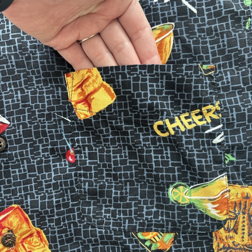 Utility Tiki Cocktail Shirt Mens Medium Black Rayon Short Sleeve Button Down - Picture 8 of 16